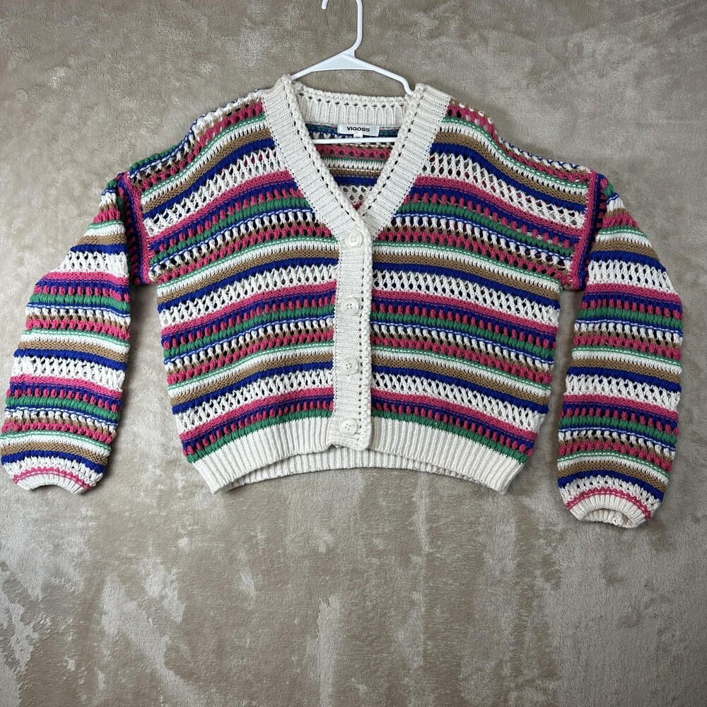 Vigoss Sweater Womens Medium White Multicolor Open Knit Cropped Cardigan Boho